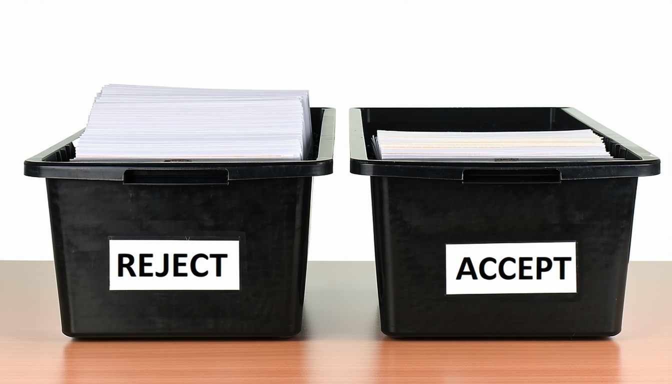 Dienbladen op tafel Een ervan is gemarkeerd als REJECT en de andere als ACCEPT-1