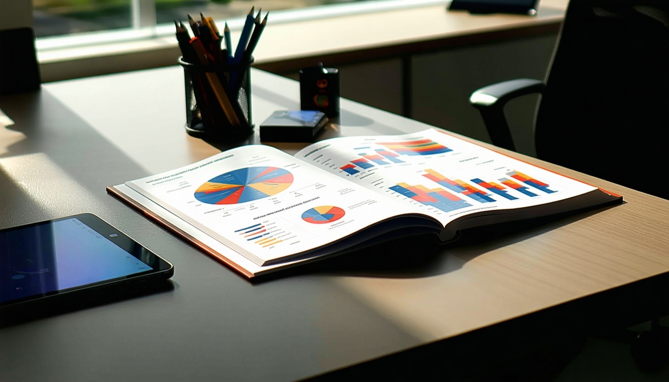 Het strakke hedendaagse bureau heeft een glad gepolijst oppervlak dat wordt verlicht door natuurlijk licht dat door een nabijgelegen raam naar binnen schijnt Op het bureau ligt een ingebonden marketingrapport prominent op de professionele omslag met een levendig ontwerp en vetgedrukte typografie-2