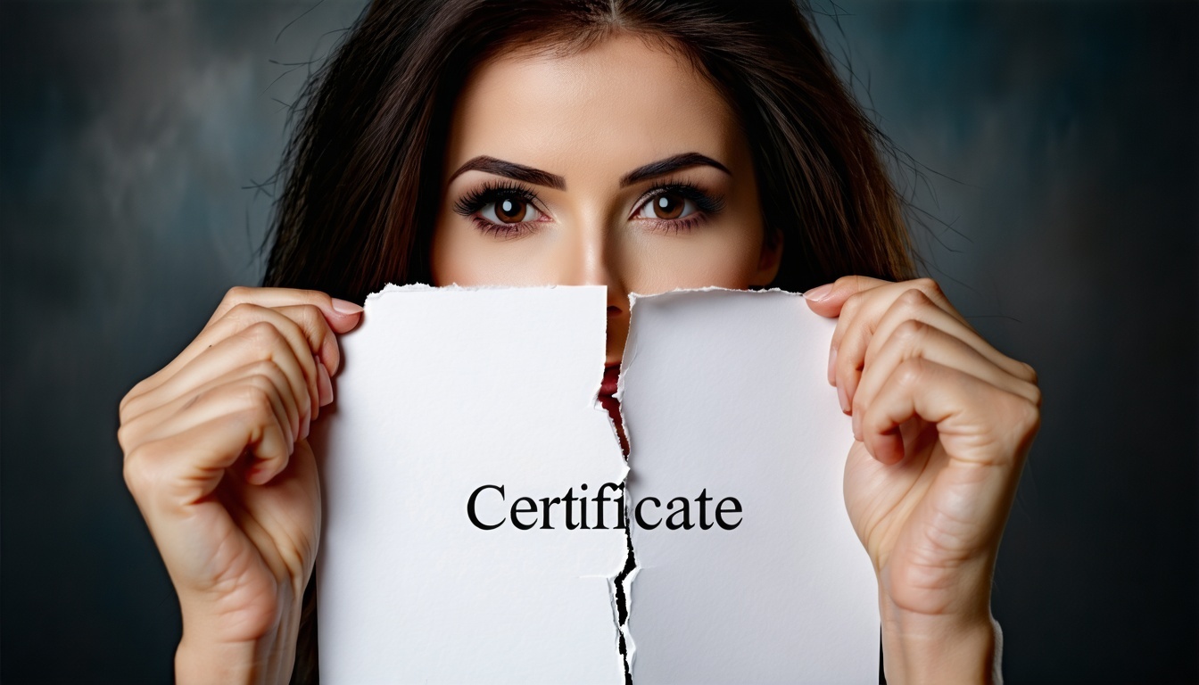 De delicate maar vastberaden handen van de vrouw grijpen de randen van een knisperend, officieel uitziend stuk papier met daarop het woord 