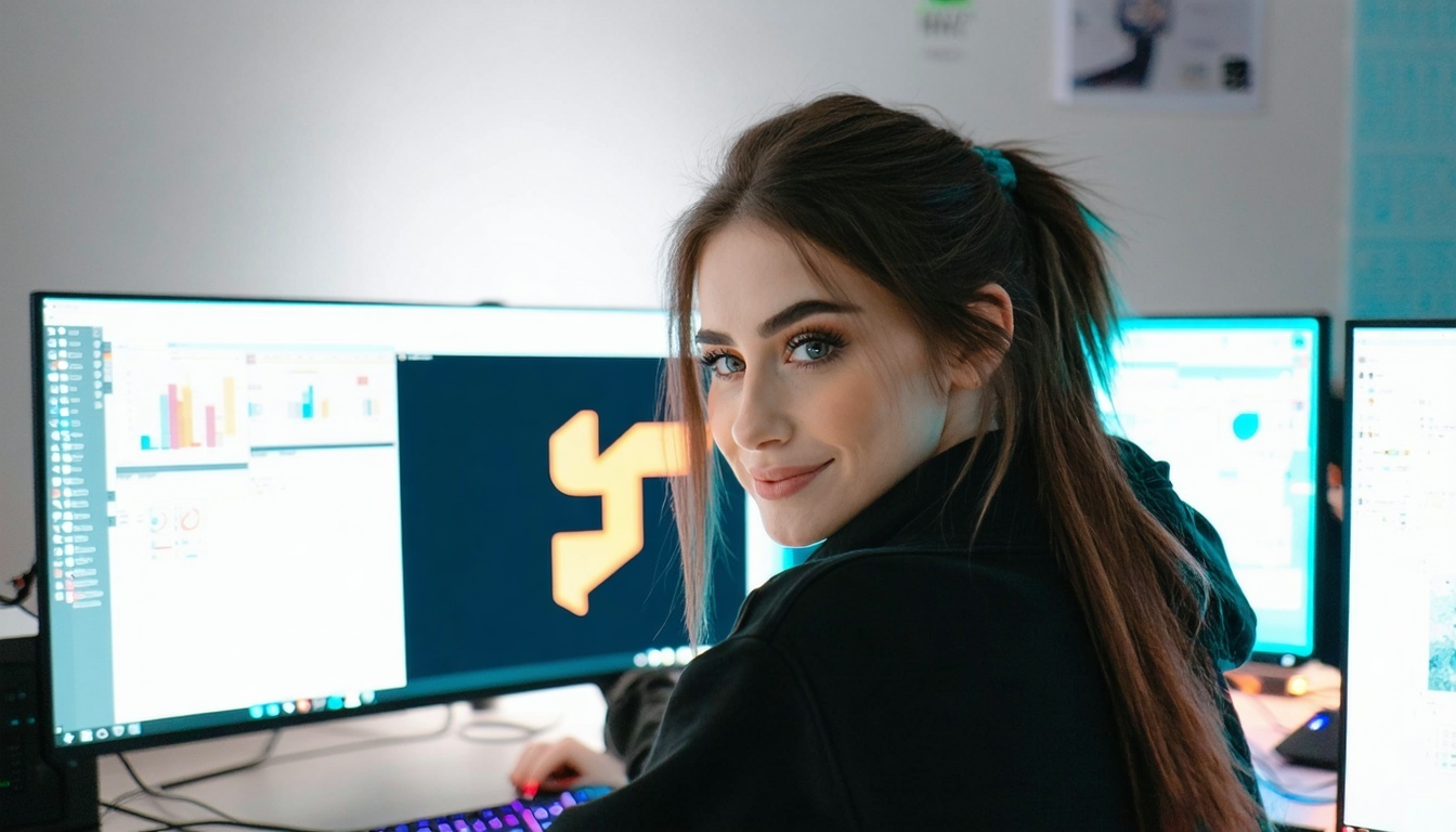 Jonge vrouw voor de computer kijkt naar een afgewerkt logo voor BIMI Compliance-Jul-30-2025-05-57-27-4116-PM