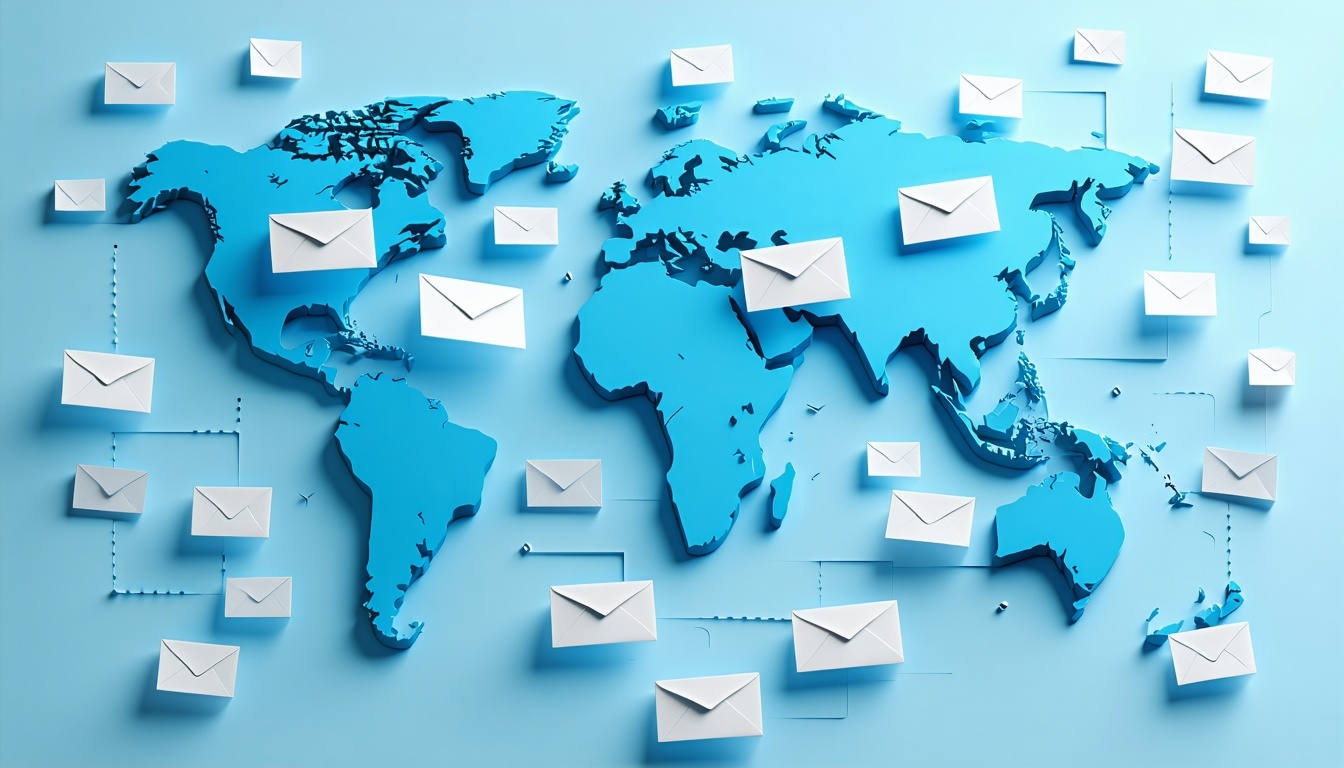 kaart van de wereld terwijl e-mails van het ene continent naar het andere vliegen